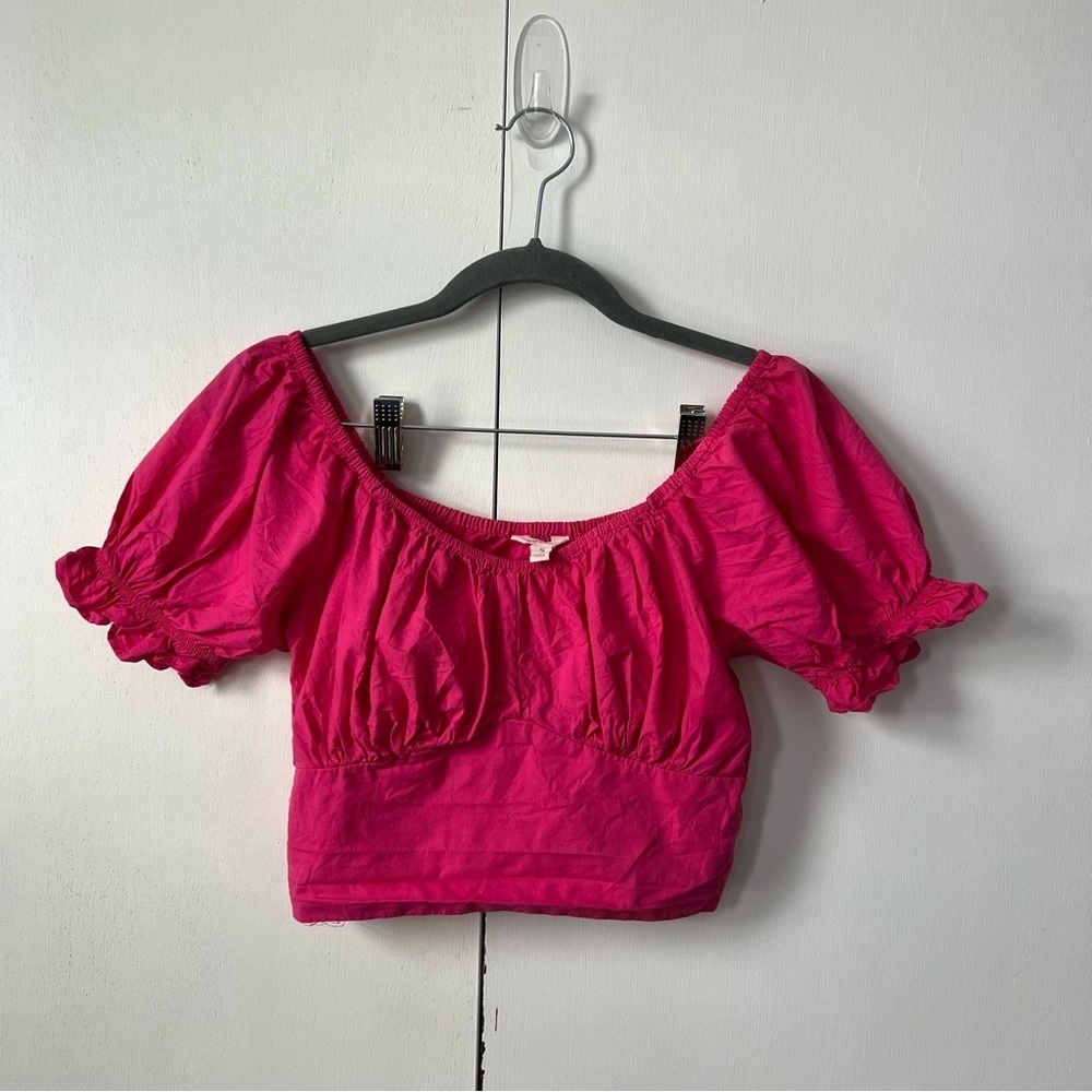 Sim & Sam Hot Pink Puff Sleeve Crop Top – 100% Cotton Peasant Style Womans Small